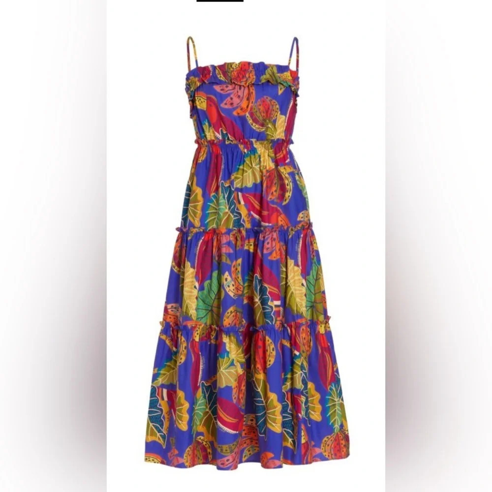 Farm Rio spaghetti strap blue multicolored ruffled dress XS